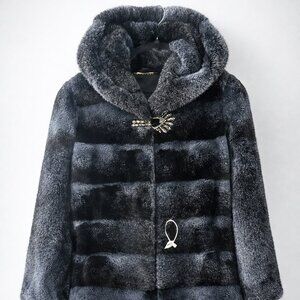 NEW Genuine Hooded Mink Fur Coat – Dark Blue-Black Luxury Elegance